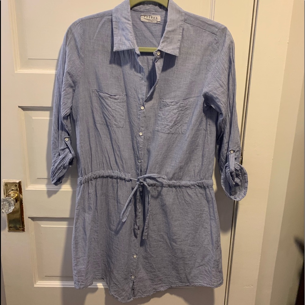 Blue shirt dress with tie belt